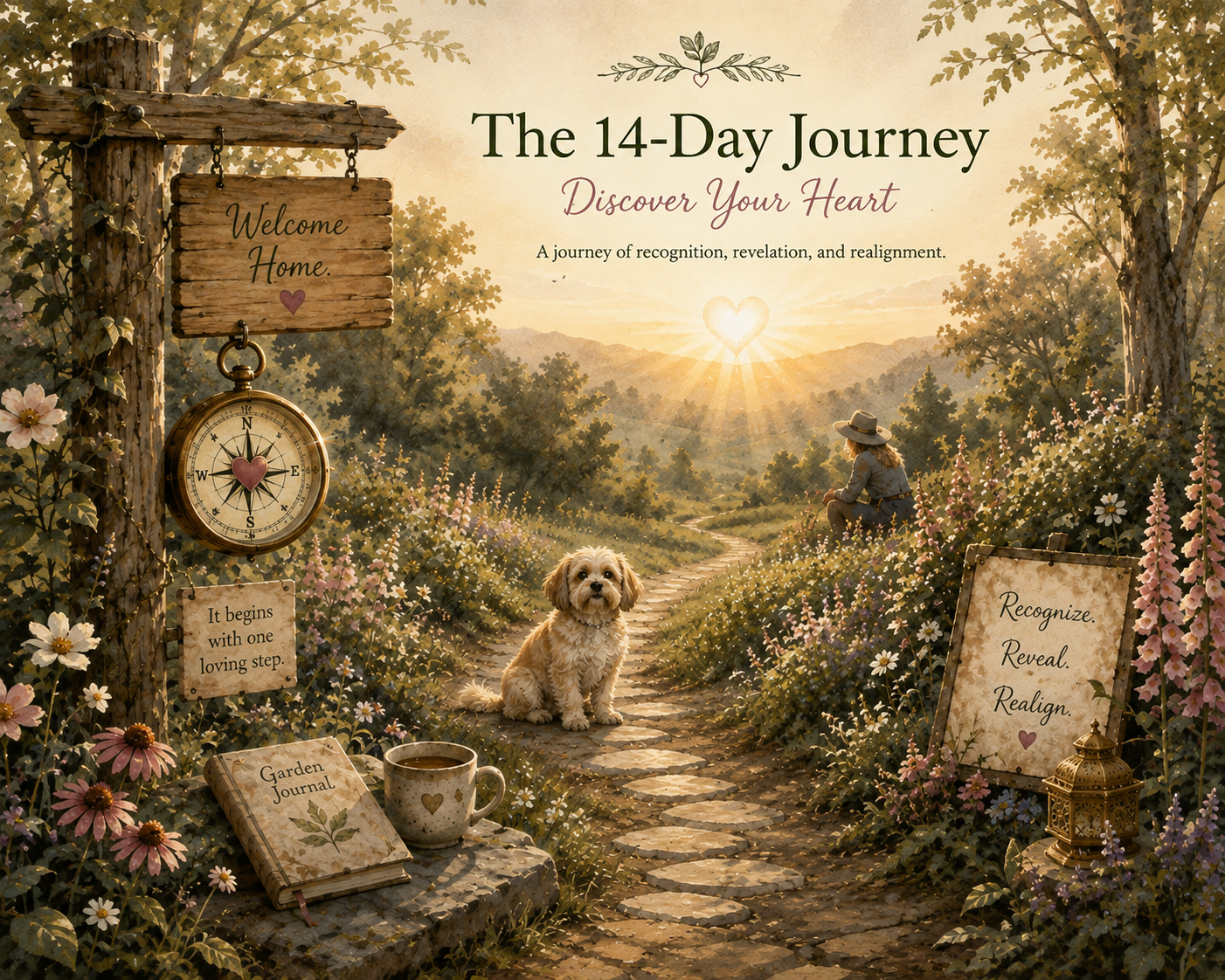 Illustrated map of the 14-day journey — a garden path marked Recognize, Reveal, Realign