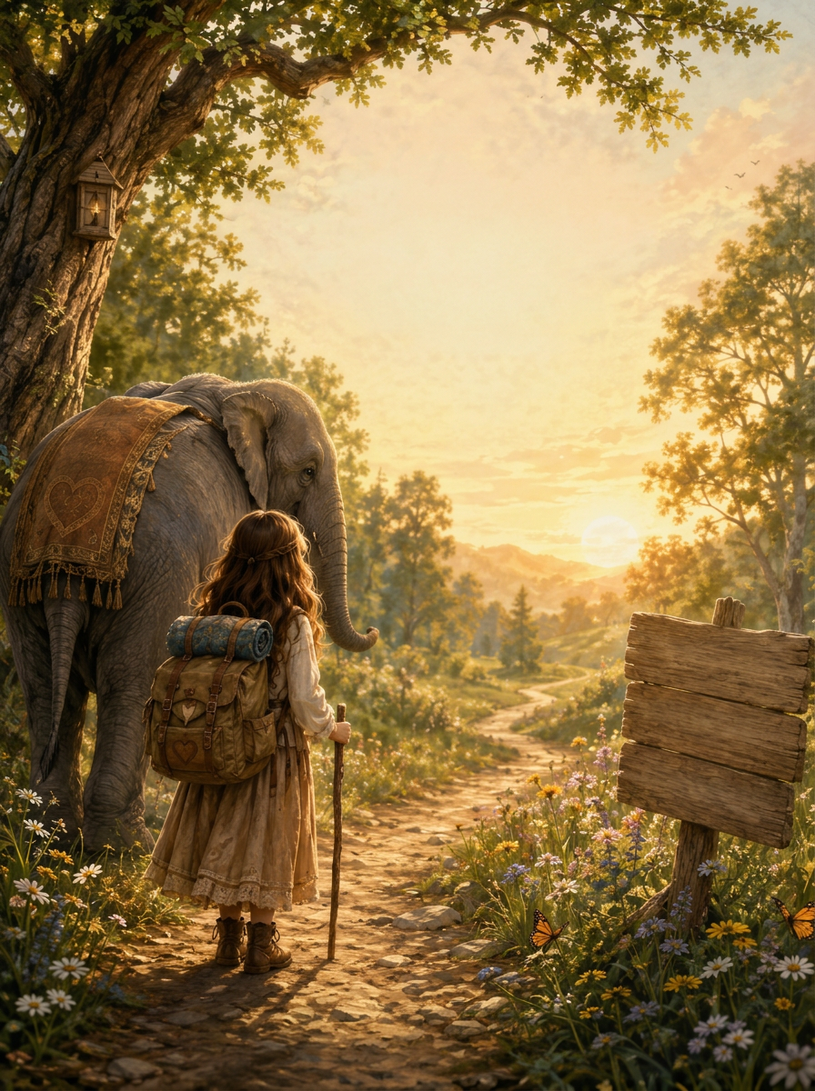 A painted sunrise overlook: a woman and a gentle elephant looking out across a wide valley of golden meadows